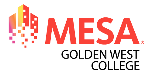 Image of the MESA logo - Graphic on the left that looks like floating building with all capital letters of M E S A on the right. Golden West College is spelled out below. 